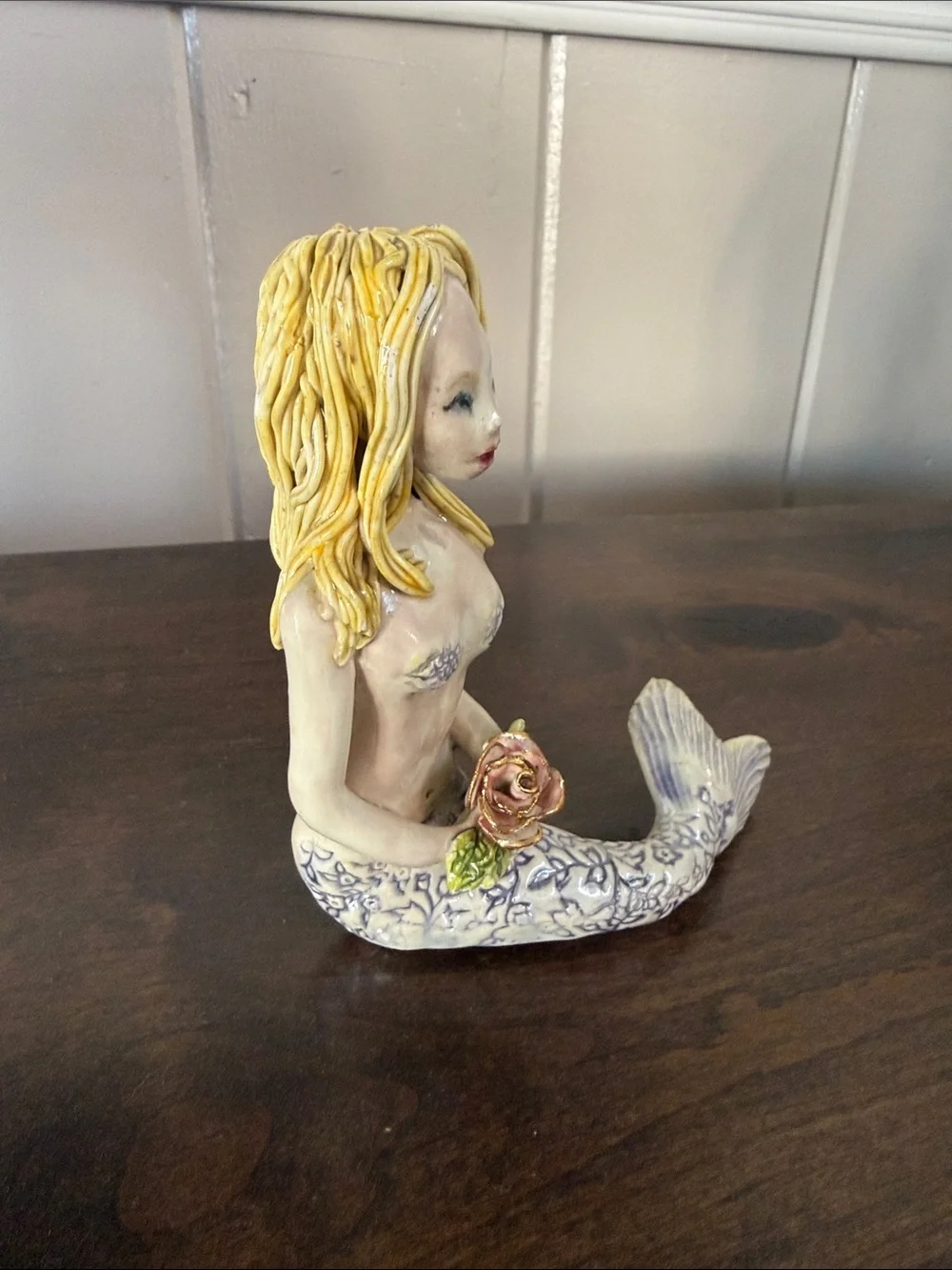 Decorative Ceramic Mermaid Figurine in Cream and Blue